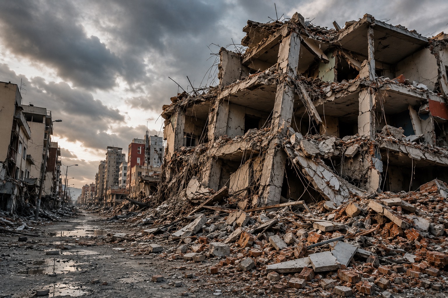 Calle de una ciudad con edificios colapsados tras un terremoto